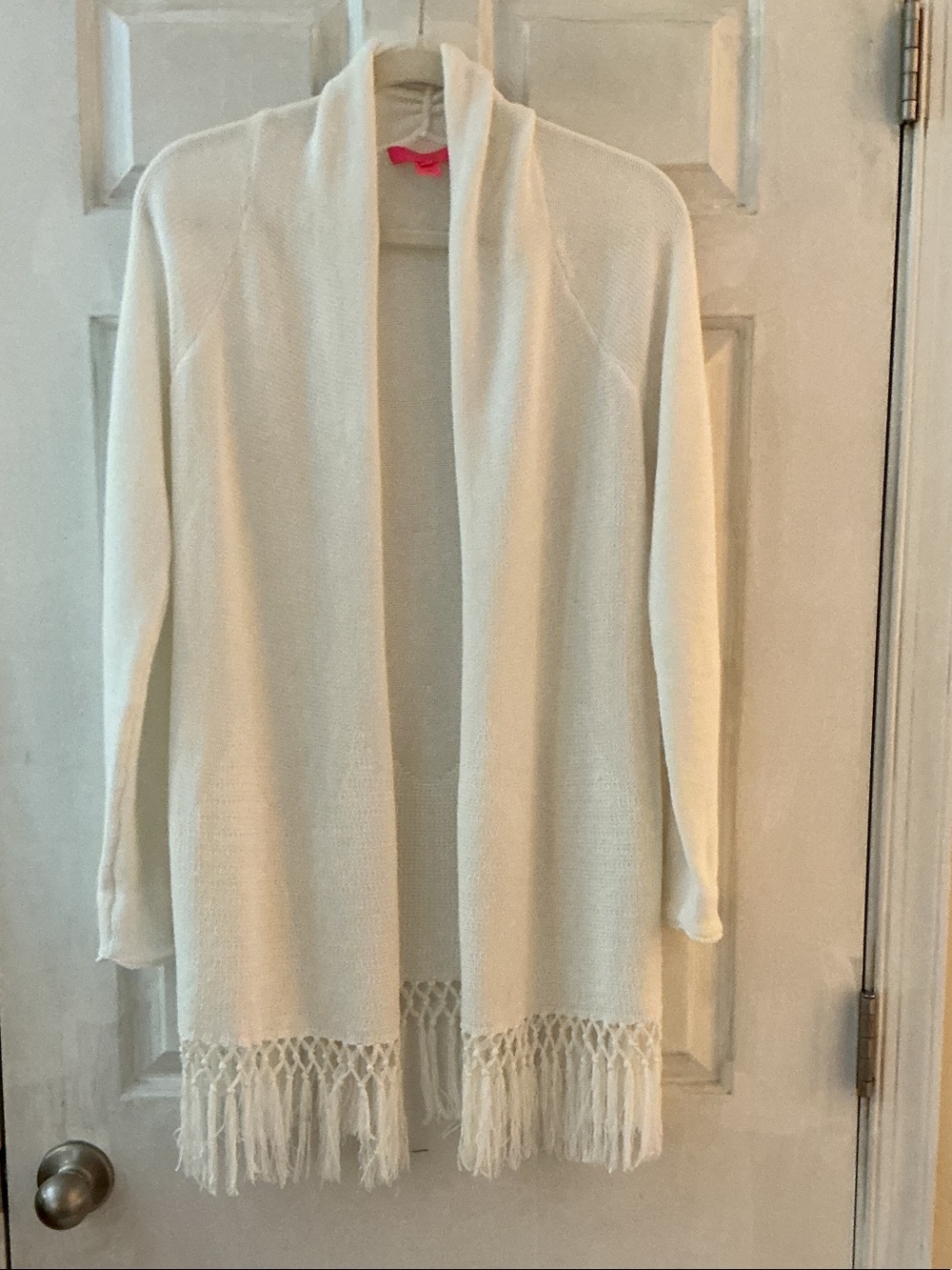 Lilly Pulitzer Resort White Cotton Blend Fringe Open Long Cardigan Sweater EUC S